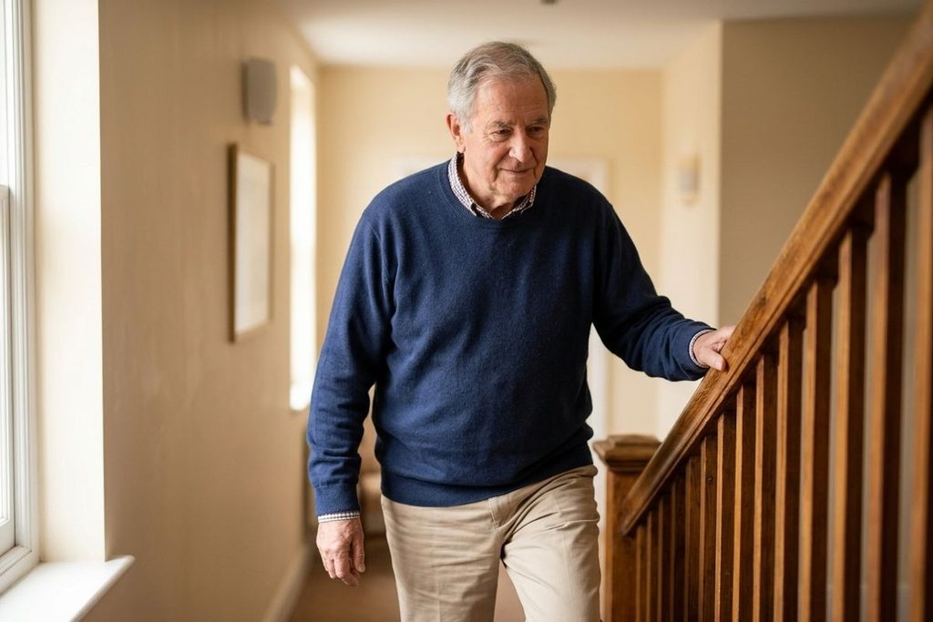 Older adult in a blue sweater climbs stairs at home, holding the wooden banister and looking down at the steps.