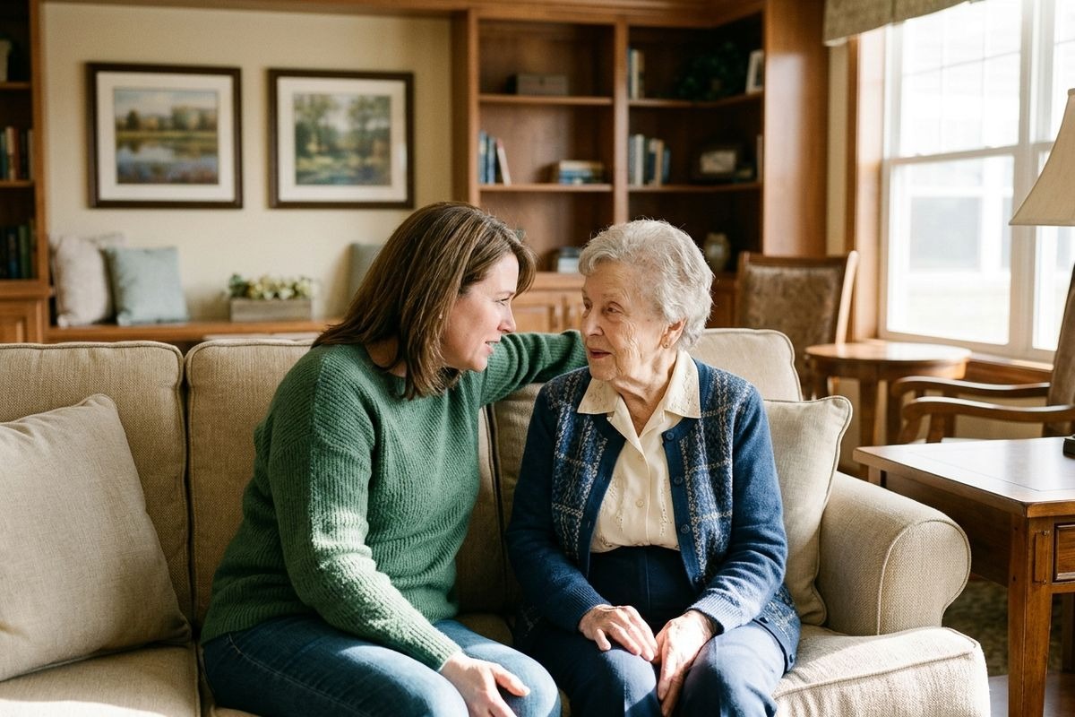 Two adults sit talking on a couch in a living room, the younger one resting an arm behind the older adult's shoulders.