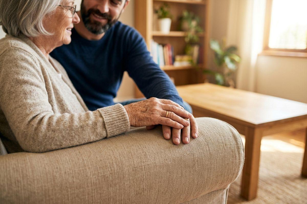 Older adult and younger adult sit smiling on a sofa in a sunlit living room, their hands resting together on the armrest.