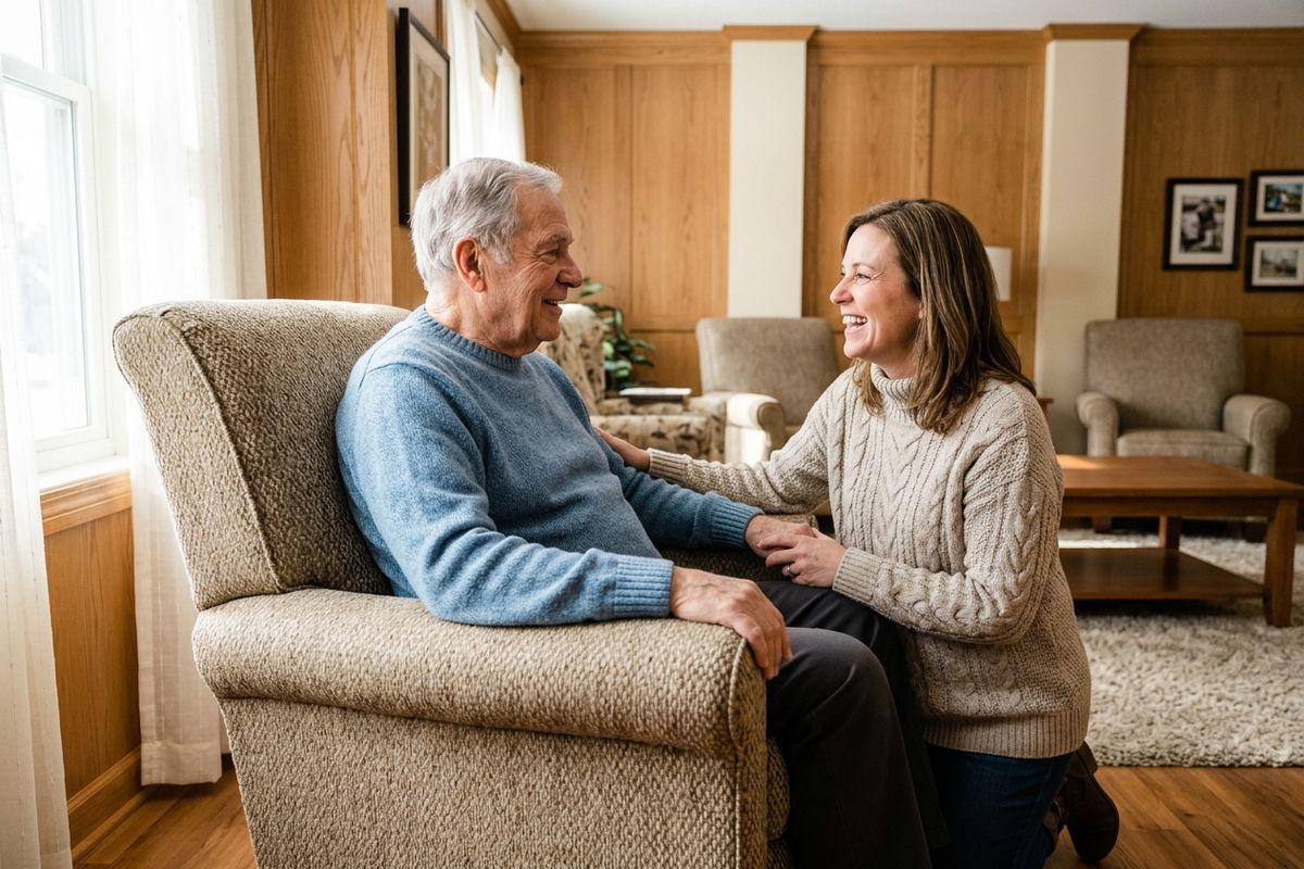 Younger adult kneels beside an older adult seated in an armchair, holding their hand and smiling in a wood-paneled living room.